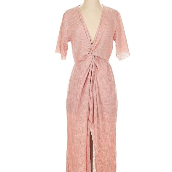All In Favor Dolman Plissé Midi Dress w Center Twist Knot Deep V Neckline - Picture 1 of 15